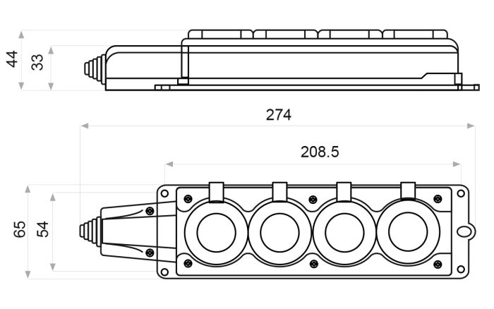 Колодка каучукова 2Р+PE з захисними кришками чотиримісна 16А IP44 