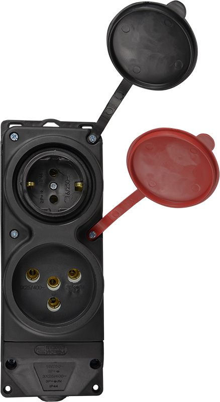 Колодка каучукова 3Р+РЕ з захисними кришками двомісна (1×25А/1×16A*2P+PE) IP44