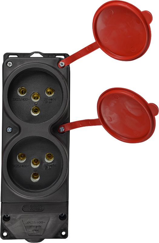 Колодка каучукова 3Р+РЕ з захисними кришками двомісна (2×25А) IP44