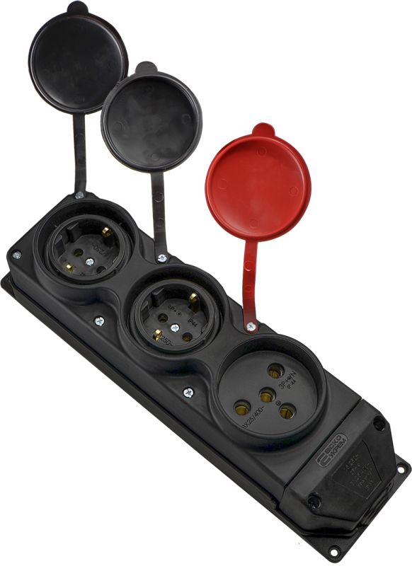 Колодка каучукова 3Р+РЕ з захисними кришками тримісна (1×25А/2×16A*2P+PE) IP44