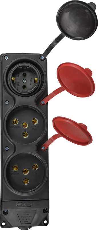 Колодка каучукова 3Р+РЕ з захисними кришками тримісна (2×25А/1×16A*2P+PE) IP44