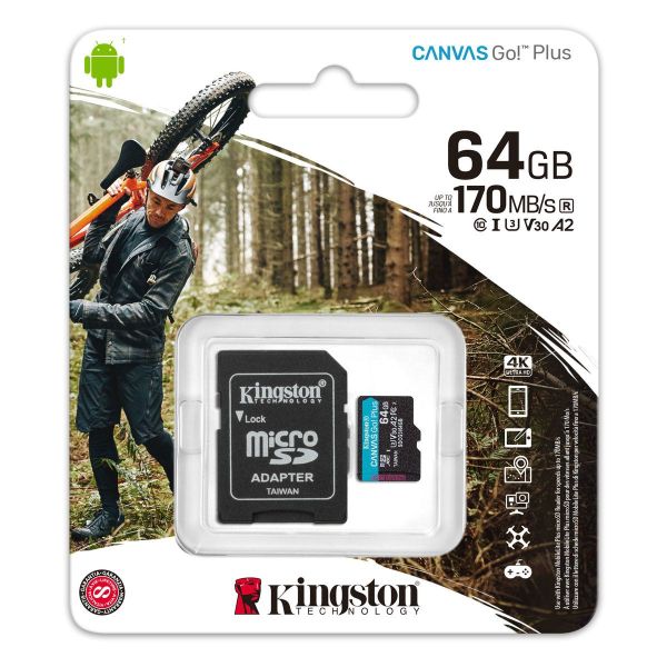 Карта пам'яті microSDXC (UHS-1 U3) Kingston Canvas Go Plus 64Gb class 10 A2 V30 (R170MB/s, W70MB/s) (adapter SD) (SDCG3/64GB)