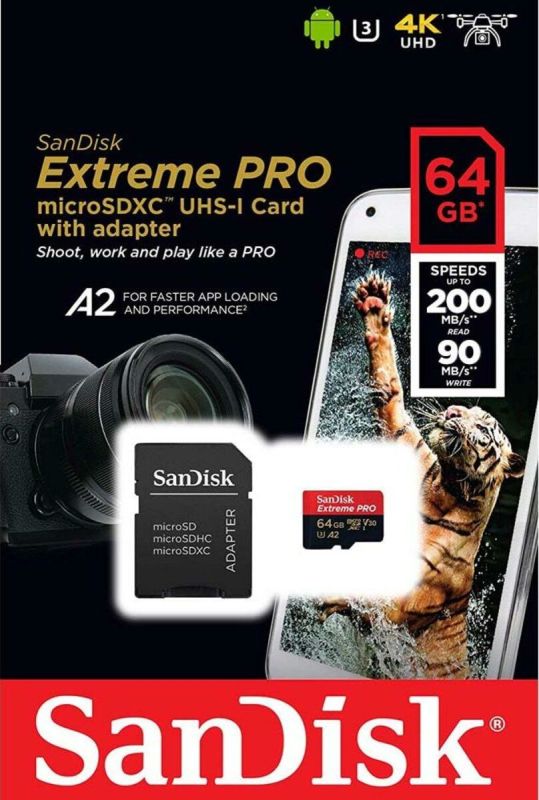 Карта пам'яті microSDXC (UHS-1 U3) SanDisk Extreme Pro A2 64Gb class 10 V30 (R200MB/s,W90MB/s) (adapter) (SDSQXCU-064G-GN6MA)
