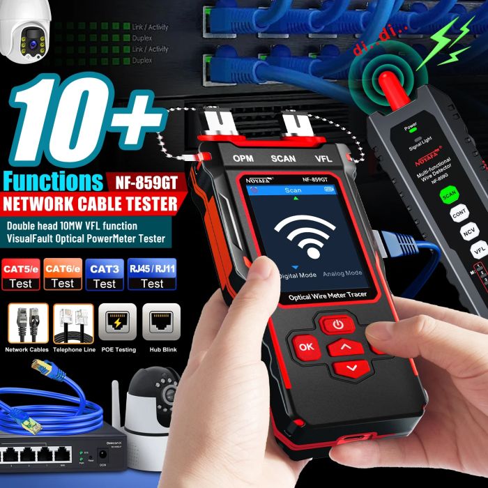 Тестер кабельний RJ45, RJ11 з PoE, PING, OPM, VFL, WireMap, трасошукач NOYAFA