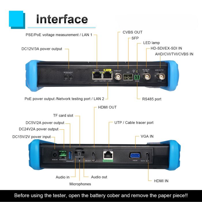 Тестер відеокамер RV-ZTest108P-3T із сенсорним екраном, SFP, PoE++