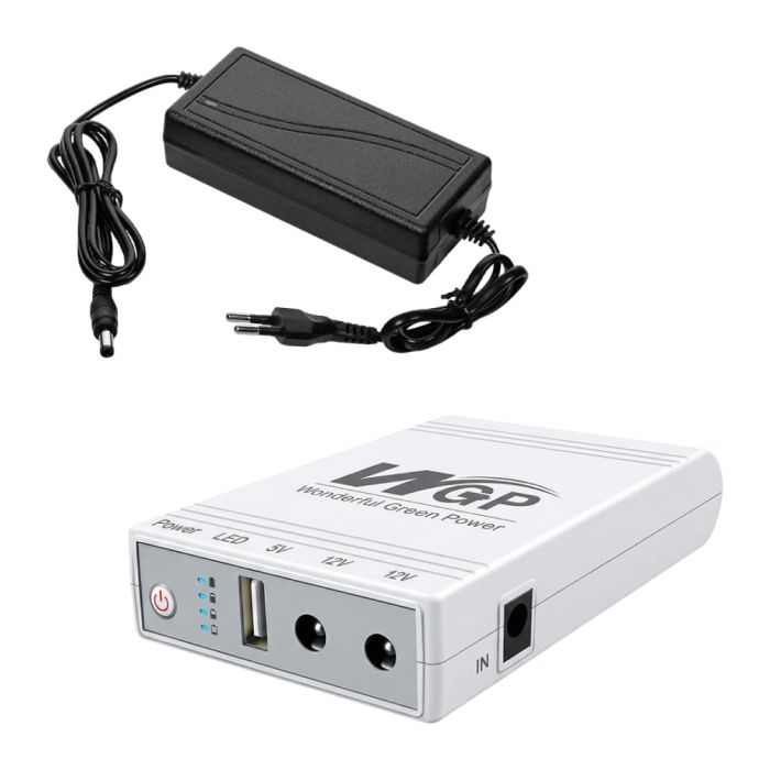 Комплект Mini UPS з блоком живлення: джерело безперебійного живлення Mini UPS WGP UPS103C 16000mAh 5V/12V/12V, Li-ion 4*4Ah, для роутера і медіаконвертера та блок живлення Kraft KRF-1203PS 12V/3A